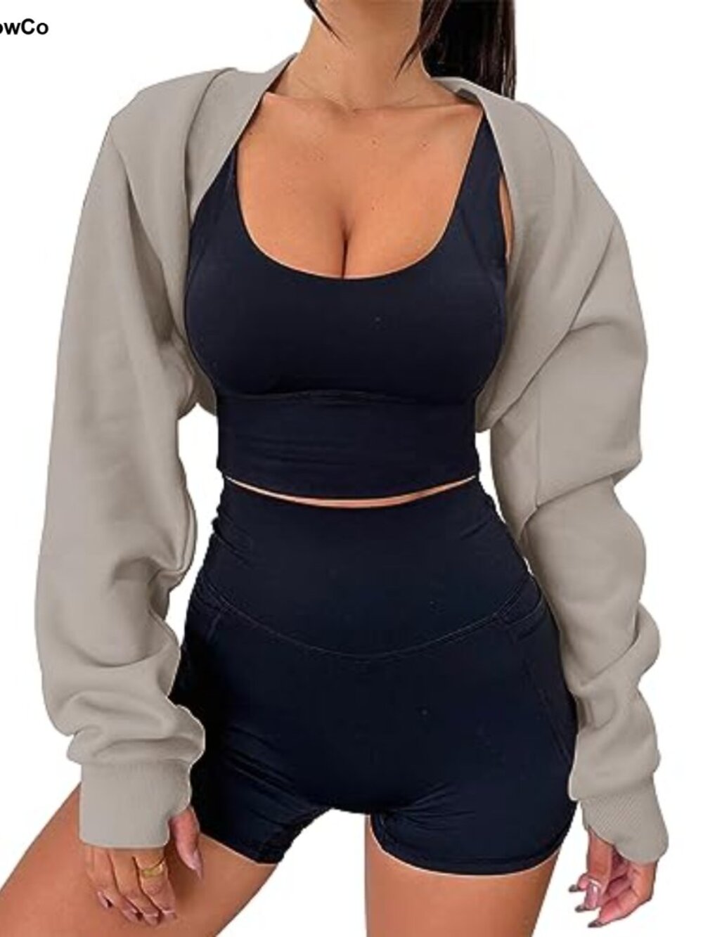 Fleece Lined Bolero Shrug Cropped Sweatshirt Thumb Hole Loose Fit